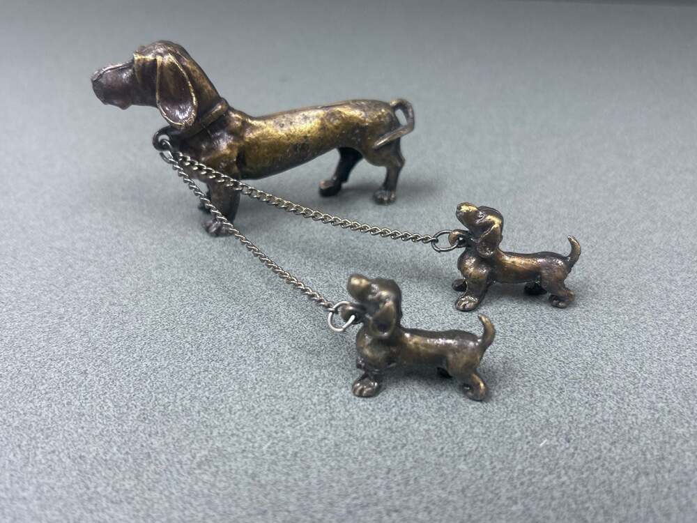 Vintage Pewter Adult Dachshund and Two Pups on Lead Set of 3 Figurines